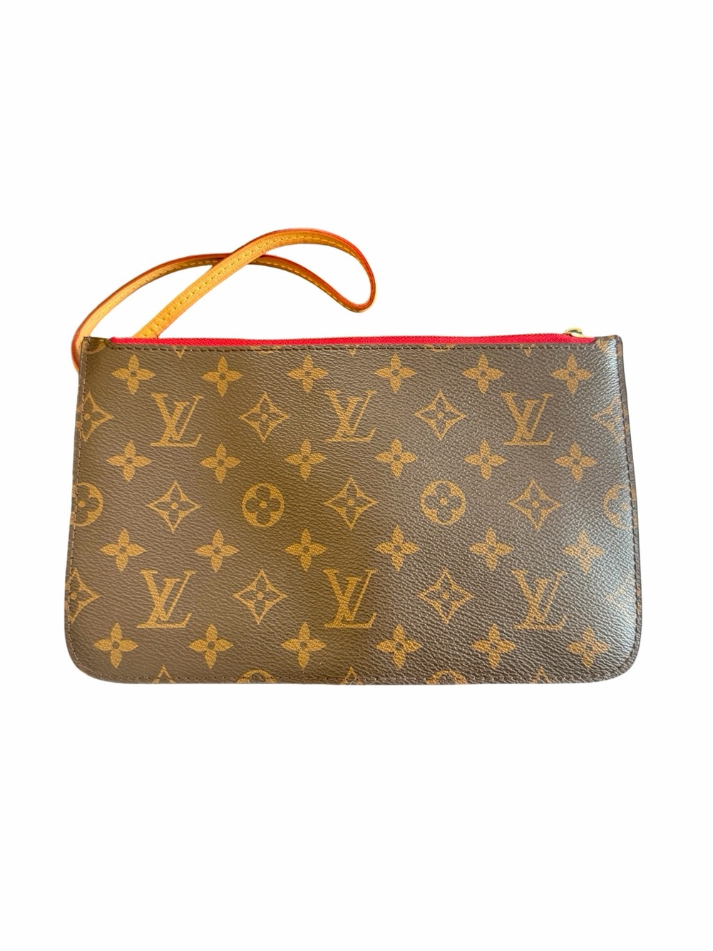Authentic Louis Vuitton Neverfull Pouchett Monogram Canvas Wristlet Red Trim